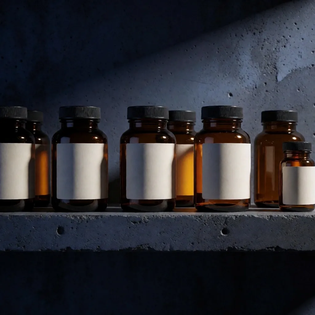 Amber glass supplement bottles on dark shelving