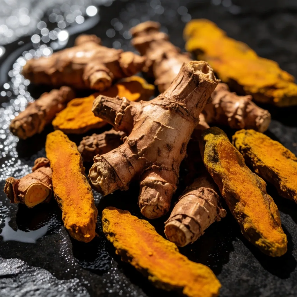 Dried Indonesian herbs and roots on dark stone