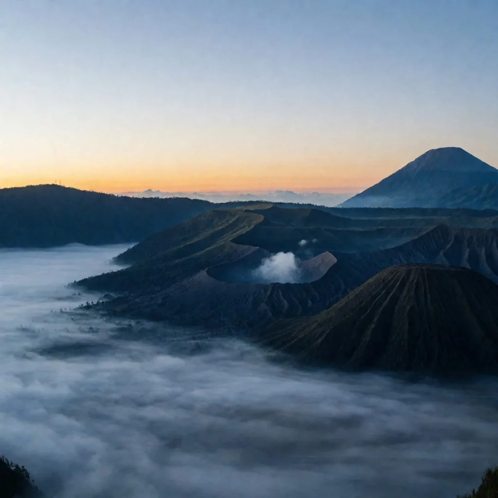 Indonesian highland landscape at dawn with mist