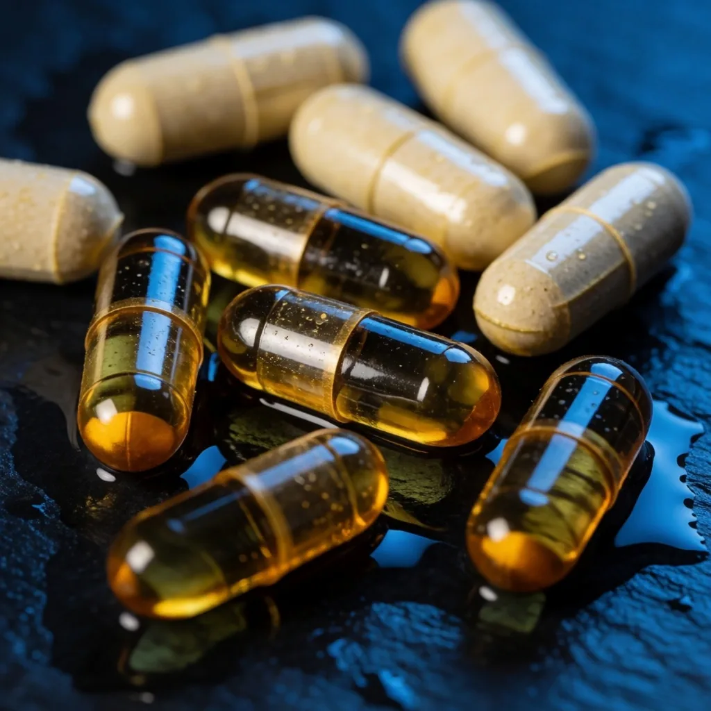 B-vitamin capsules on dark surface