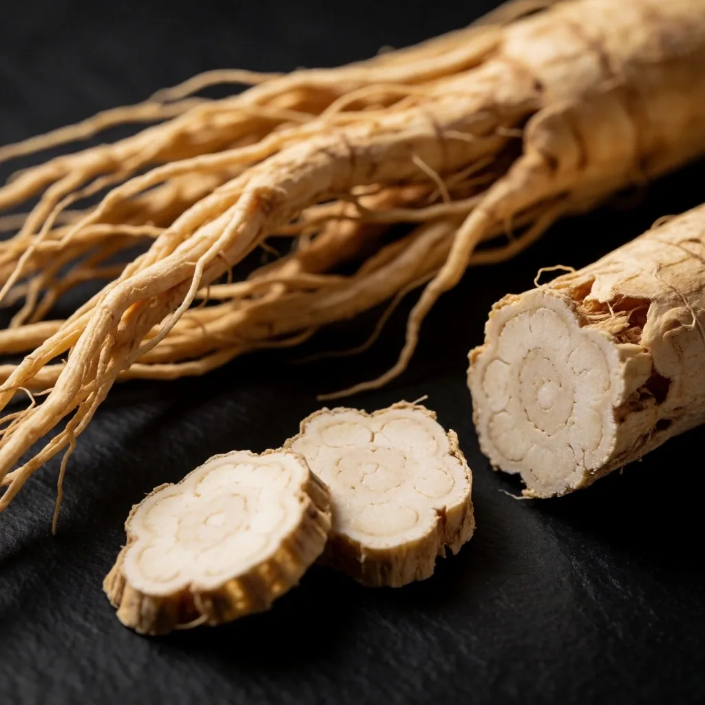 Dried ginseng roots on dark surface