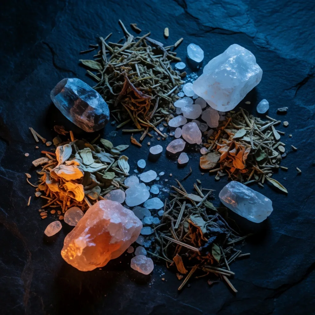 Dried herbs and mineral crystals on dark stone