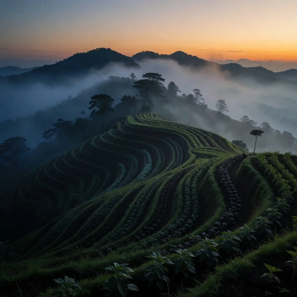 Indonesian highlands at dawn with terraced botanical farms