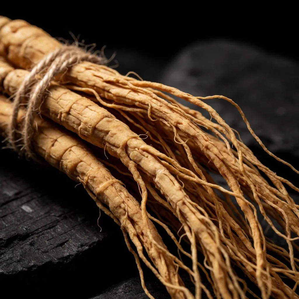 Dried ginseng roots on dark surface