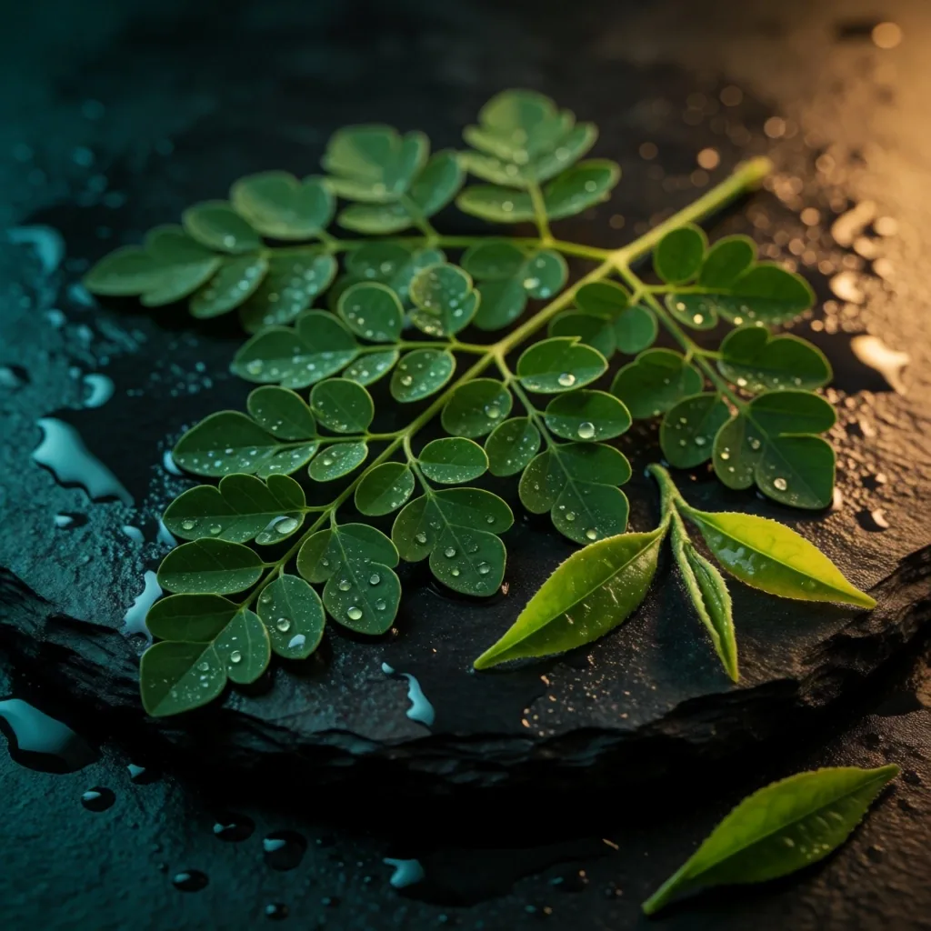 Fresh moringa leaves on a dark stone surface